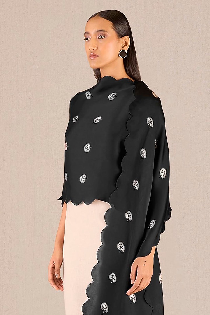 Black Organza Satin Leaf Motif Printed Scarf by AMPM at Pernia's Pop Up Shop