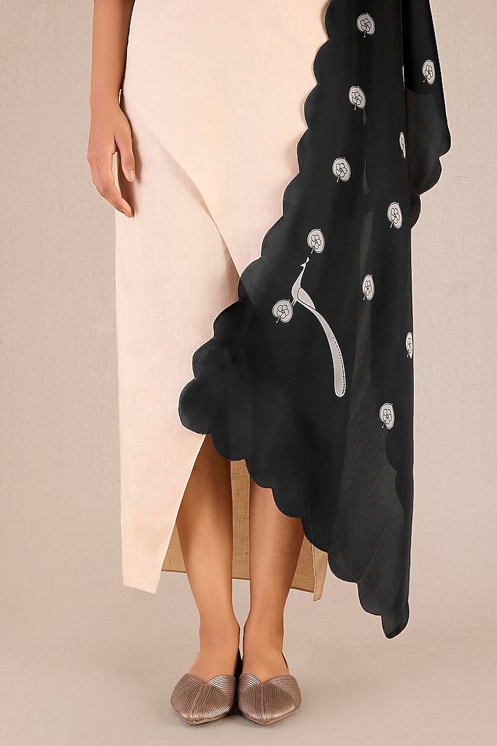 Black Organza Satin Leaf Motif Printed Scarf by AMPM at Pernia's Pop Up Shop