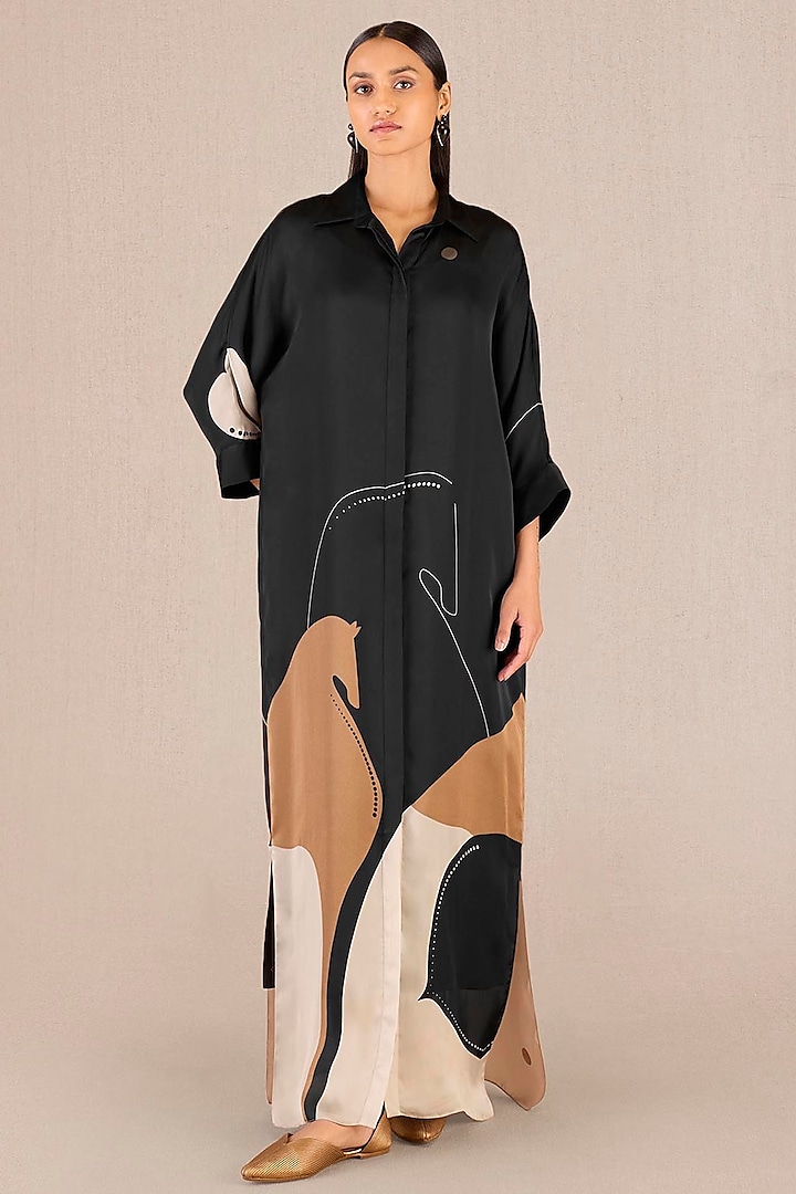 Black Organza Satin Betle Leaf Printed Maxi Dress by AMPM at Pernia's Pop Up Shop