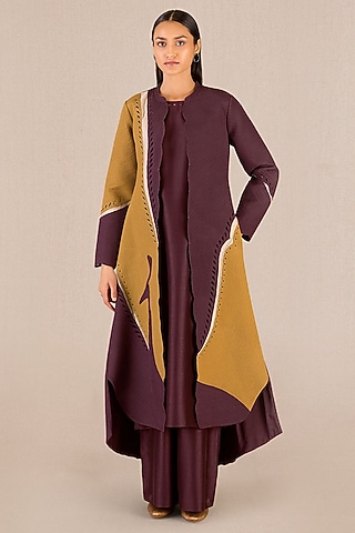 Burgundy Chanderi Color-Blocked Jacket Set by AMPM