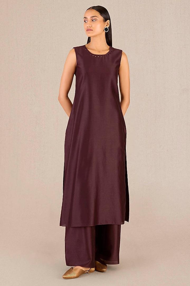 Burgundy Chanderi Color-Blocked Jacket Set by AMPM at Pernia's Pop Up Shop