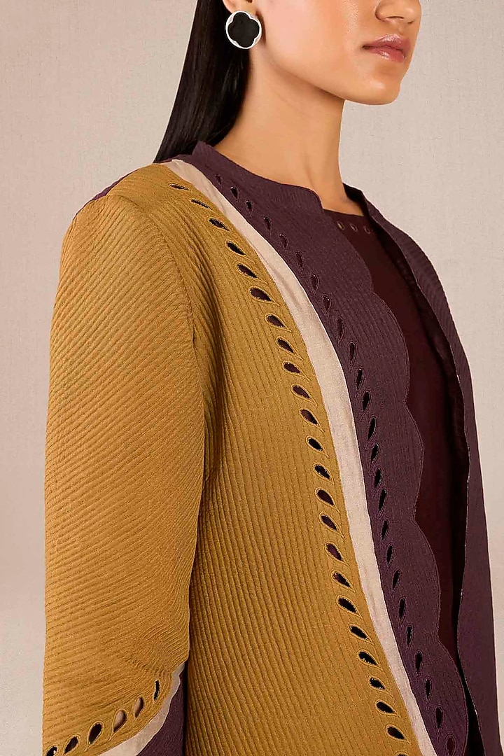 Burgundy Chanderi Color-Blocked Jacket Set by AMPM at Pernia's Pop Up Shop