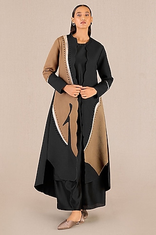 Black Chanderi Color-Blocked Jacket Set by AMPM