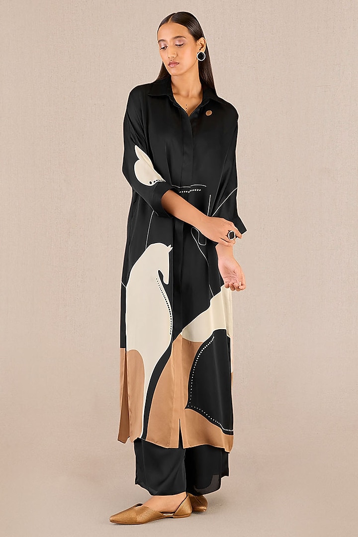 Black Organza Satin Betle Leaf Printed Tunic Set by AMPM at Pernia's Pop Up Shop