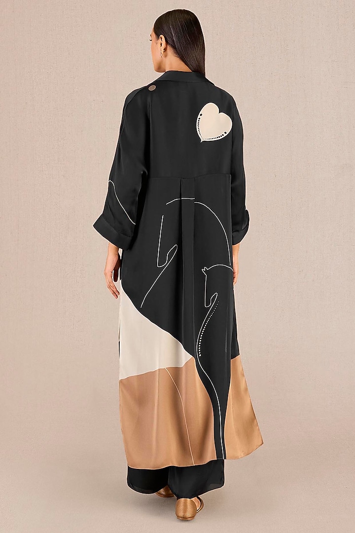 Black Organza Satin Betle Leaf Printed Tunic Set by AMPM at Pernia's Pop Up Shop