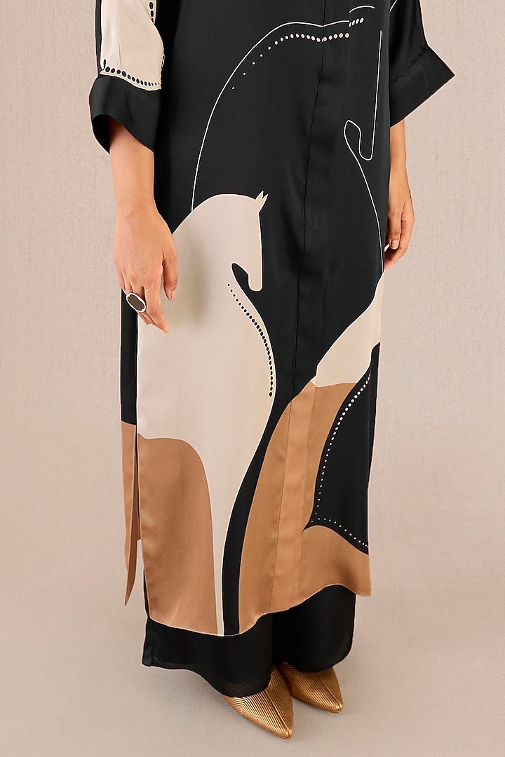 Black Organza Satin Betle Leaf Printed Tunic Set by AMPM at Pernia's Pop Up Shop