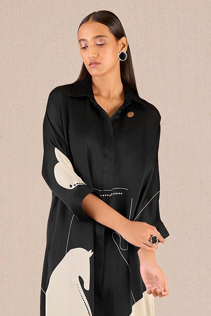 Black Organza Satin Betle Leaf Printed Tunic Set by AMPM at Pernia's Pop Up Shop