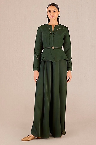 Dark Green Chanderi Structured Jacket Set by AMPM