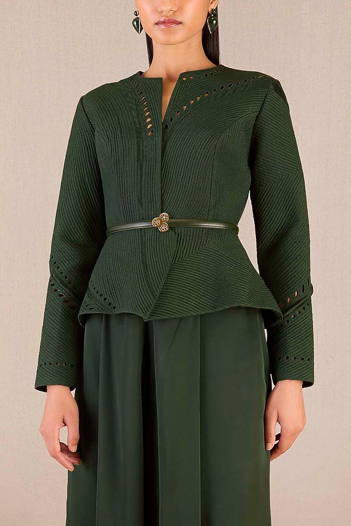 Dark Green Chanderi Structured Jacket Set by AMPM at Pernia's Pop Up Shop