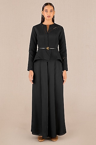 Black Chanderi Structured Jacket Set by AMPM