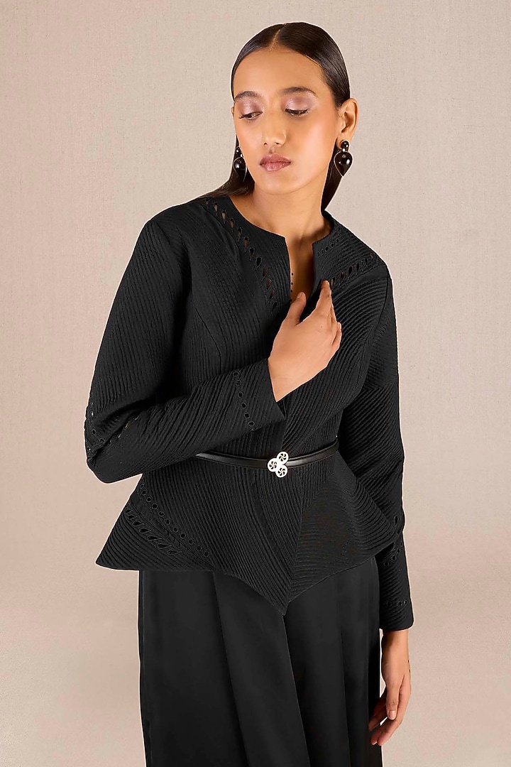 Black Chanderi Structured Jacket Set by AMPM at Pernia's Pop Up Shop