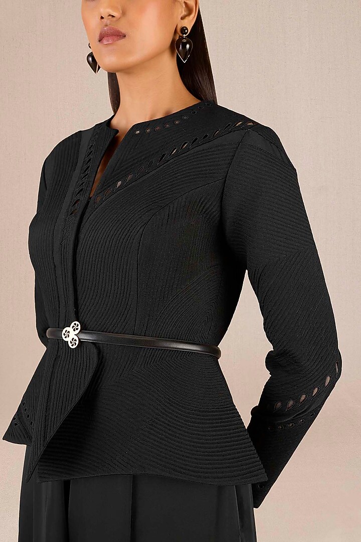 Black Chanderi Structured Jacket Set by AMPM at Pernia's Pop Up Shop