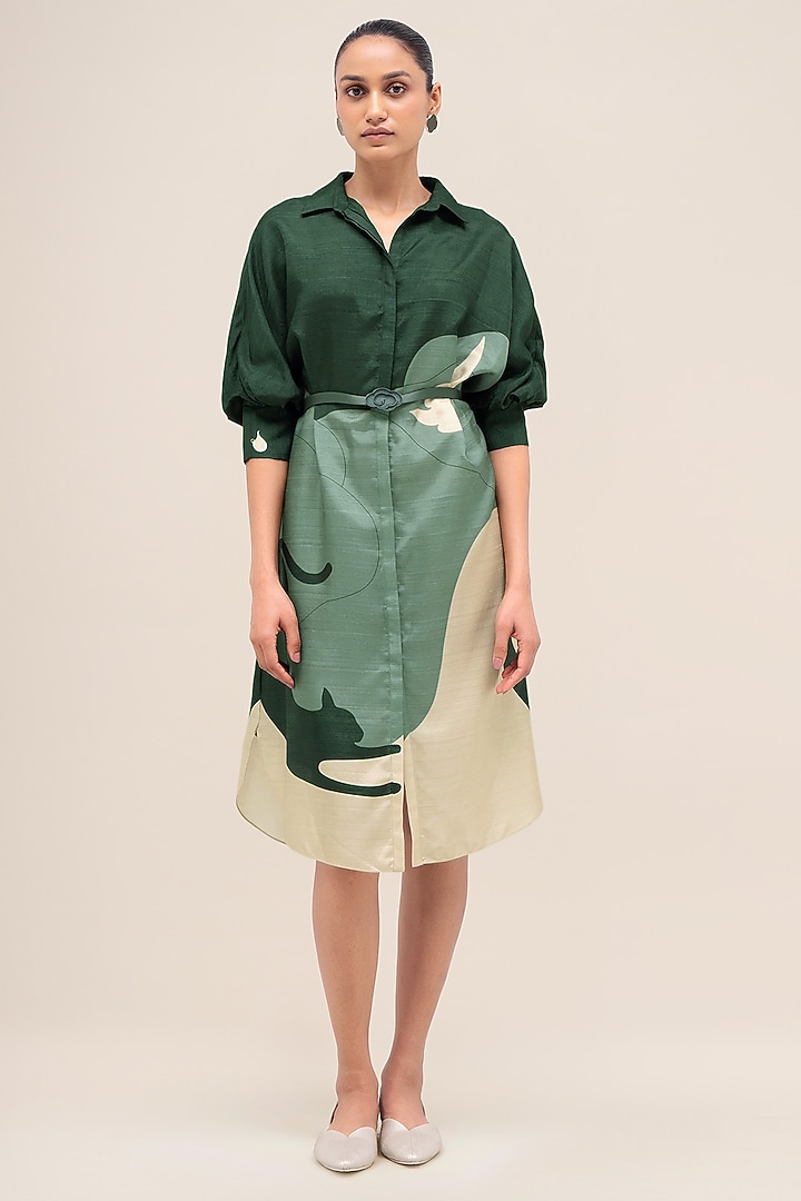 Bottle Green & Sage Rose Silk Printed Vacation Shirt Dress by AMPM at Pernia's Pop Up Shop