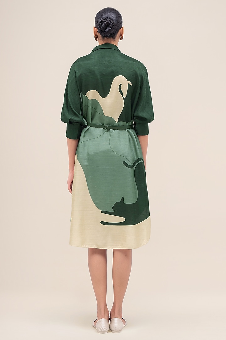 Bottle Green & Sage Rose Silk Printed Vacation Shirt Dress by AMPM at Pernia's Pop Up Shop
