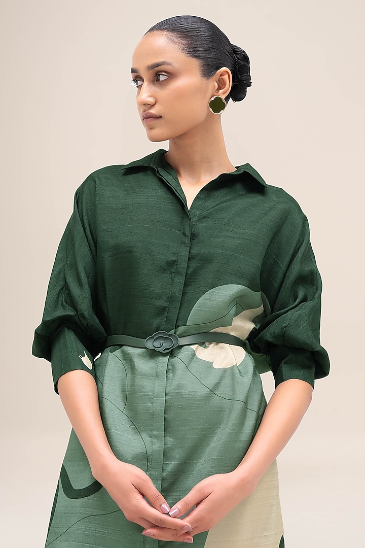 Bottle Green & Sage Rose Silk Printed Vacation Shirt Dress by AMPM at Pernia's Pop Up Shop