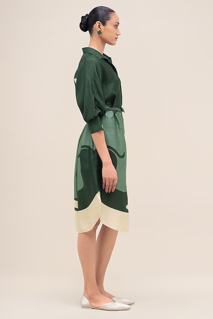 Bottle Green & Sage Rose Silk Printed Vacation Shirt Dress by AMPM at Pernia's Pop Up Shop