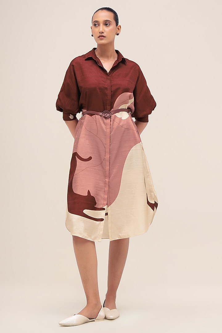 Brick Red Rose Silk Printed Vacation Shirt Dress by AMPM at Pernia's Pop Up Shop