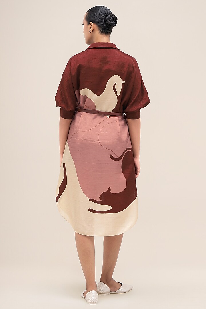 Brick Red Rose Silk Printed Vacation Shirt Dress by AMPM at Pernia's Pop Up Shop