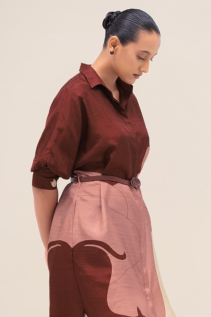 Brick Red Rose Silk Printed Vacation Shirt Dress by AMPM at Pernia's Pop Up Shop