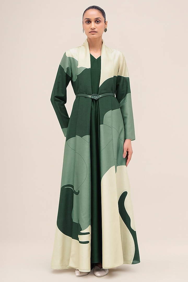 Bottle Green & Sage Chanderi Printed Abaya Set by AMPM at Pernia's Pop Up Shop