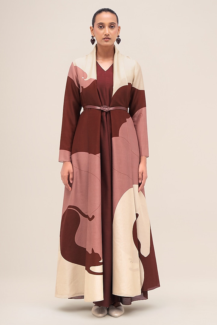 Brick Red Chanderi Printed Abaya Set by AMPM at Pernia's Pop Up Shop
