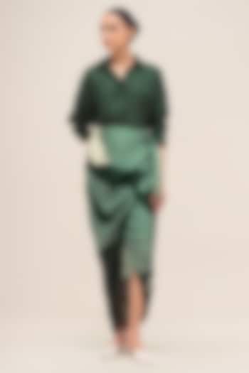 Bottle Green Satin Organza Printed Wrapped Skirt Set by AMPM at Pernia's Pop Up Shop