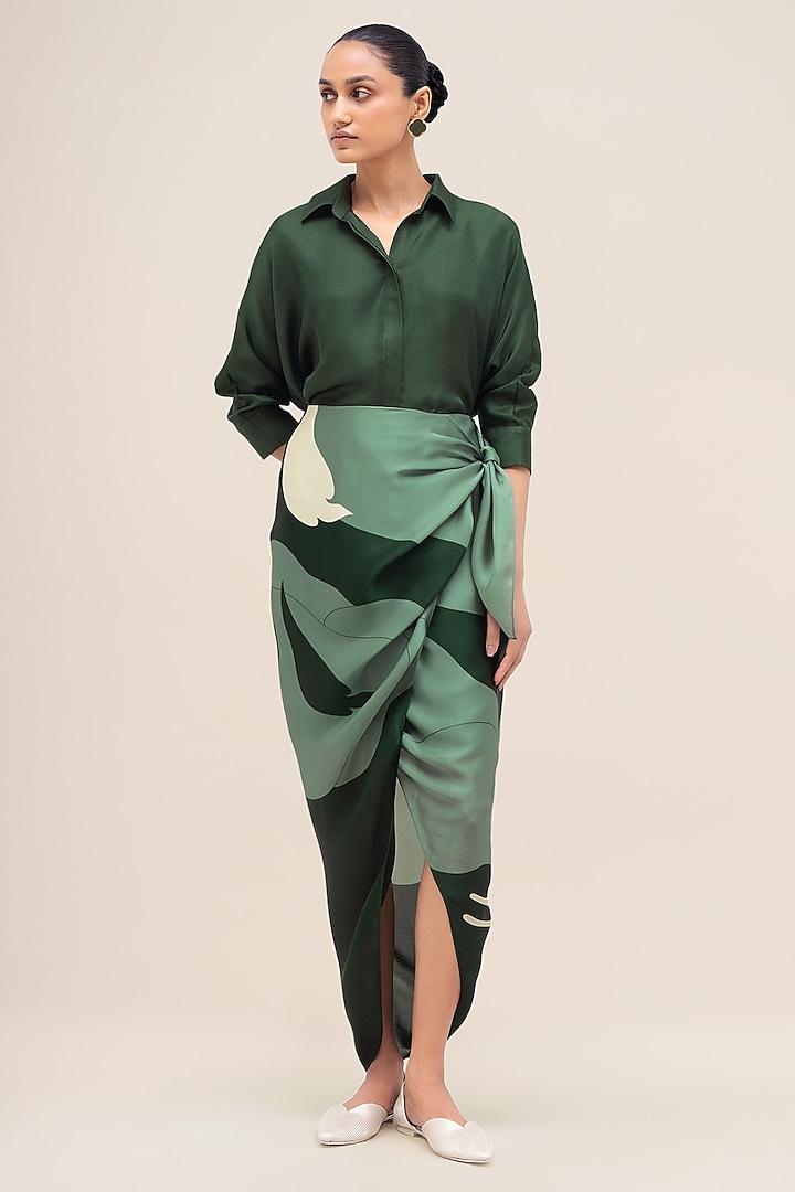Bottle Green Satin Organza Printed Wrapped Skirt Set by AMPM at Pernia's Pop Up Shop