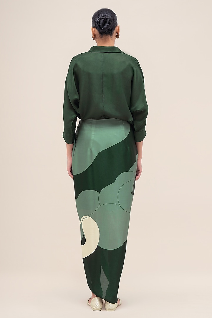 Bottle Green Satin Organza Printed Wrapped Skirt Set by AMPM at Pernia's Pop Up Shop