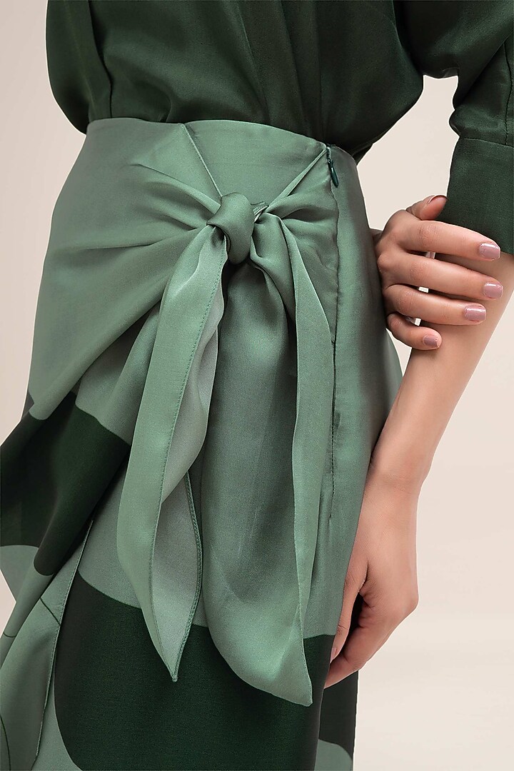 Bottle Green Satin Organza Printed Wrapped Skirt Set by AMPM at Pernia's Pop Up Shop
