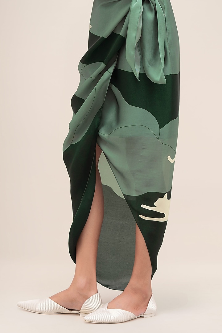 Bottle Green Satin Organza Printed Wrapped Skirt Set by AMPM at Pernia's Pop Up Shop