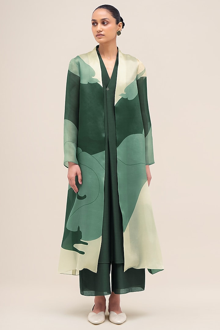 Bottle Green & Sage Silk Organza Printed Jacket Set by AMPM at Pernia's Pop Up Shop