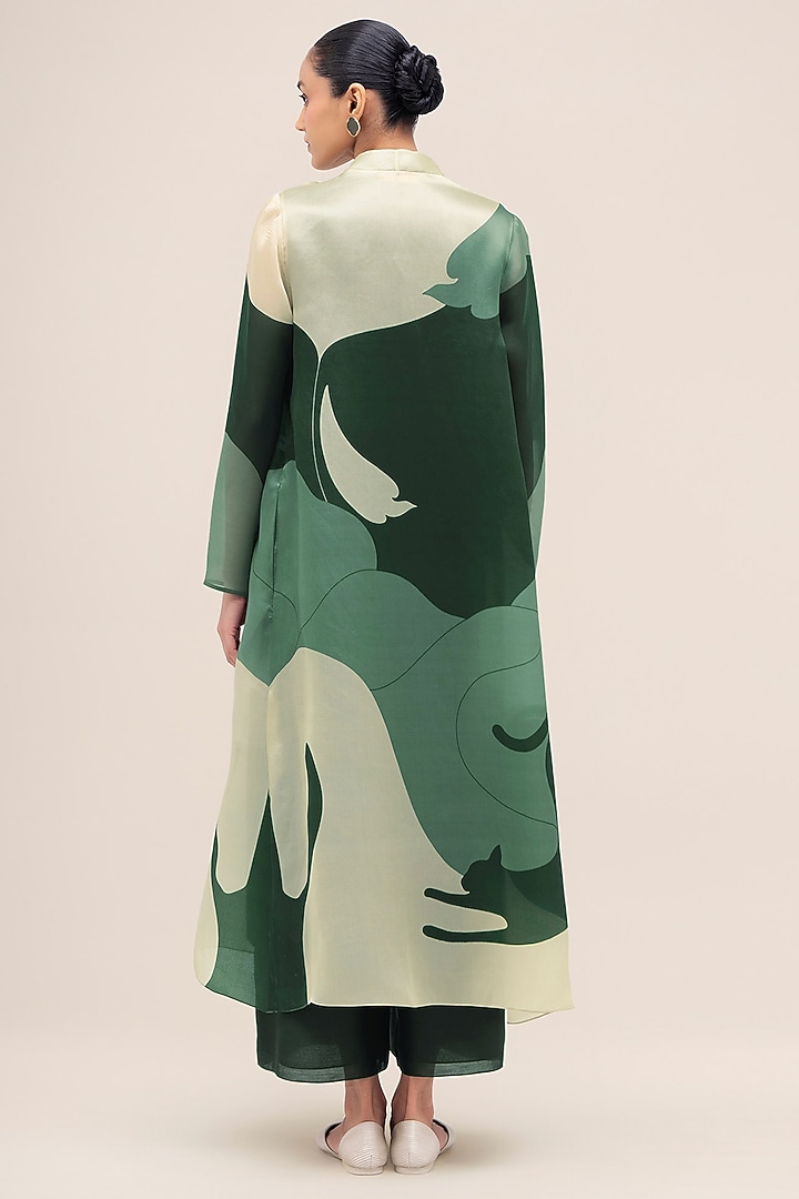 Bottle Green & Sage Silk Organza Printed Jacket Set by AMPM at Pernia's Pop Up Shop