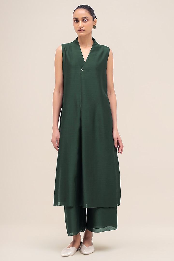 Bottle Green & Sage Silk Organza Printed Jacket Set by AMPM at Pernia's Pop Up Shop