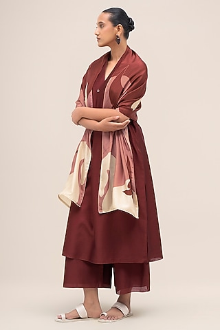 Brick Red Silk Printed Scarf by AMPM