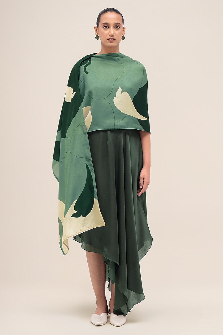Bottle Green & Sage Silk Printed Scarf by AMPM at Pernia's Pop Up Shop