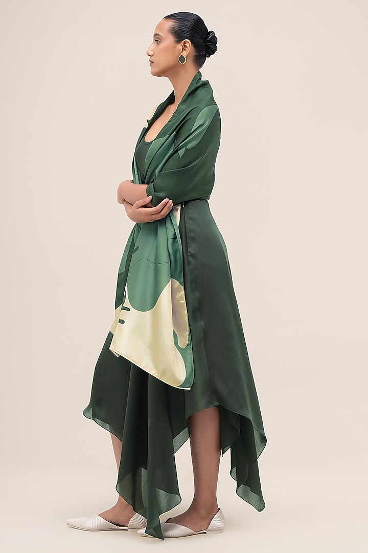Bottle Green & Sage Silk Printed Scarf by AMPM at Pernia's Pop Up Shop