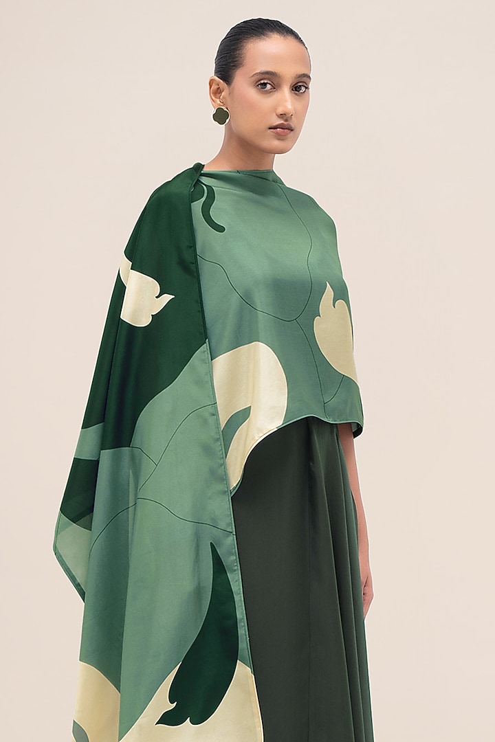 Bottle Green & Sage Silk Printed Scarf by AMPM at Pernia's Pop Up Shop