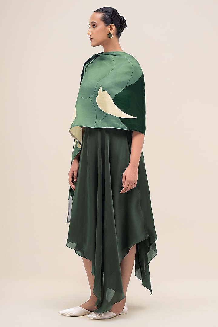 Bottle Green & Sage Silk Printed Scarf by AMPM at Pernia's Pop Up Shop