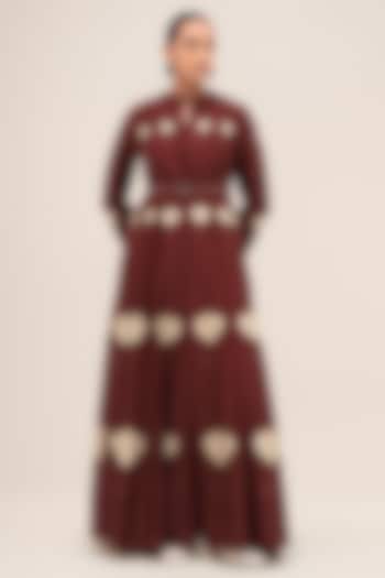 Brick Red Chanderi Floral Printed Abaya Set by AMPM at Pernia's Pop Up Shop