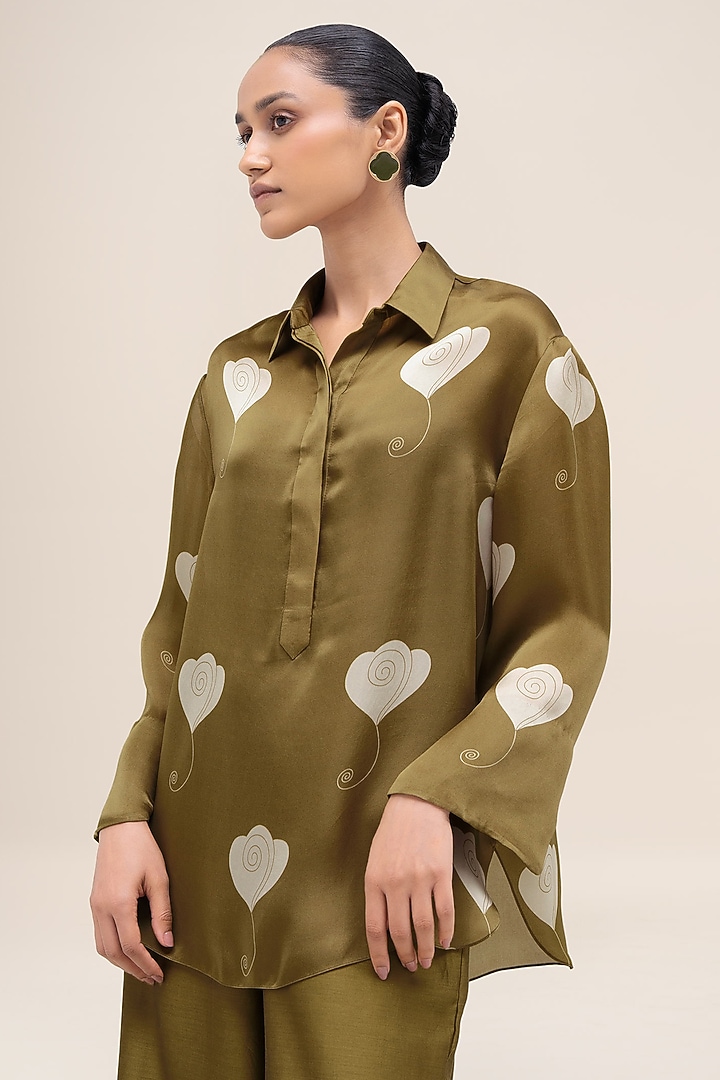 Olive Satin Organza Printed Shirt by AMPM at Pernia's Pop Up Shop