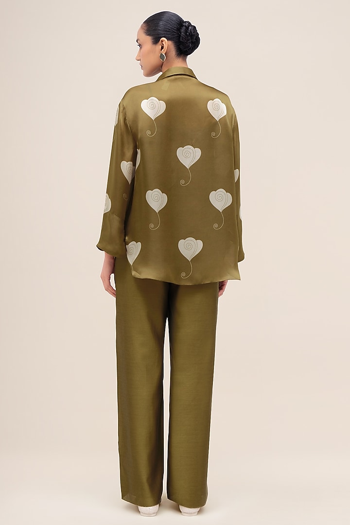 Olive Satin Organza Printed Shirt by AMPM at Pernia's Pop Up Shop