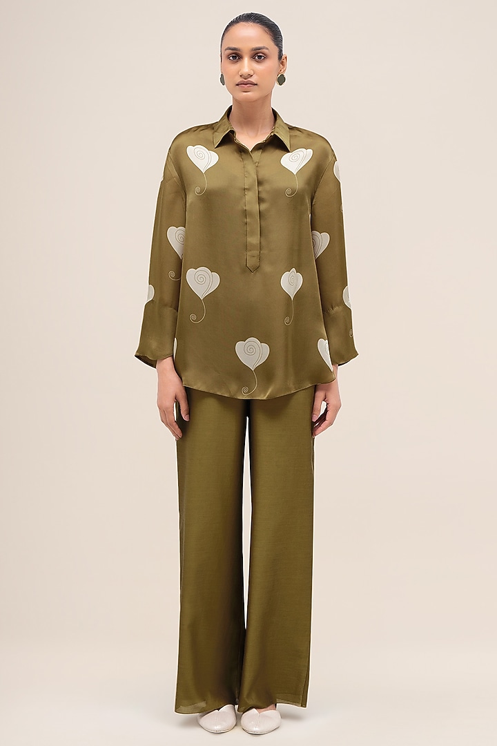 Olive Satin Organza Printed Shirt by AMPM at Pernia's Pop Up Shop