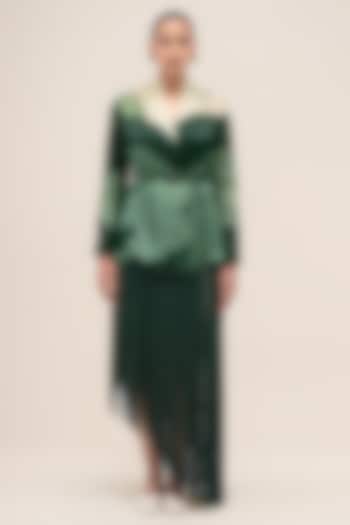 Bottle Green & Sage Silk Organza Printed Shirt With Belt by AMPM at Pernia's Pop Up Shop