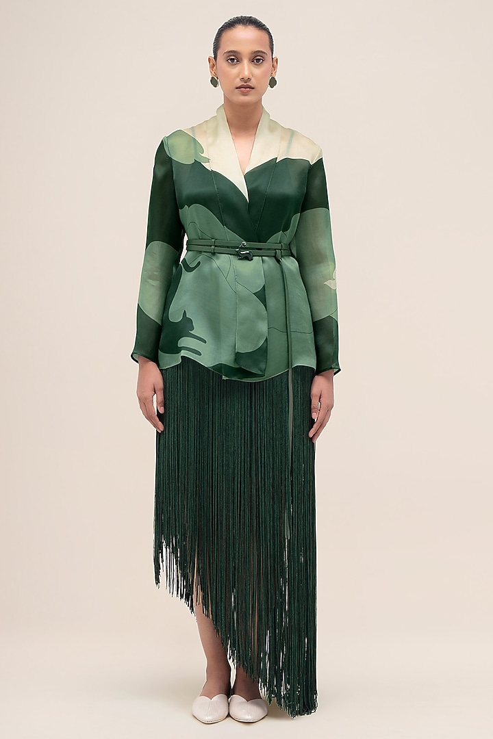 Bottle Green & Sage Silk Organza Printed Shirt With Belt by AMPM at Pernia's Pop Up Shop
