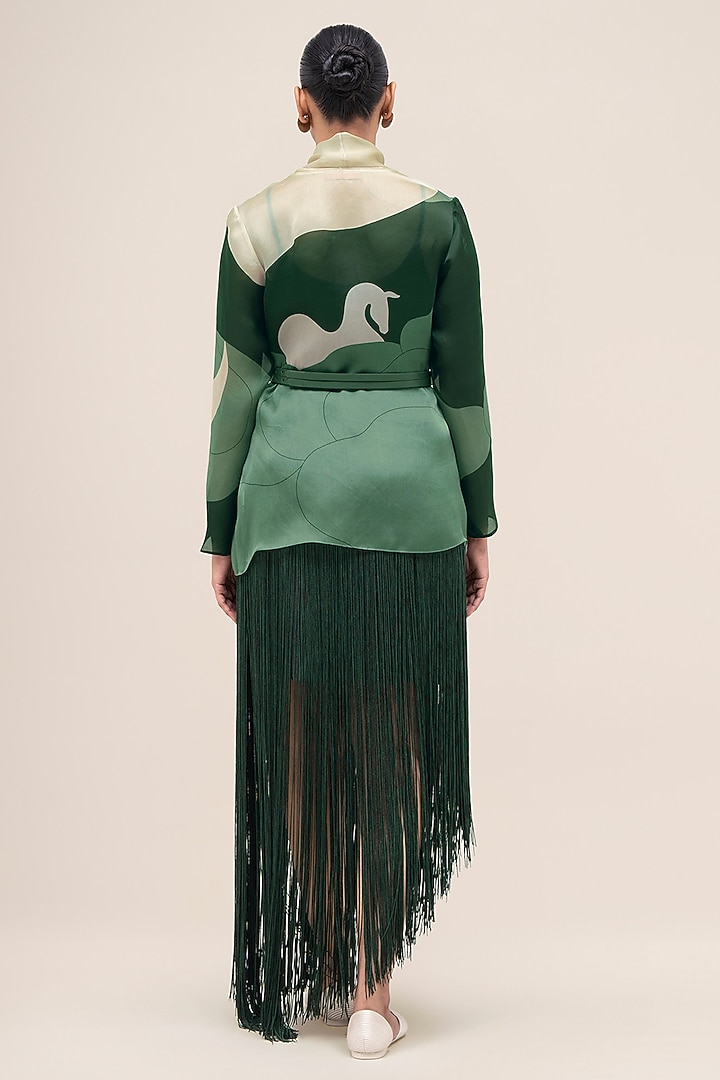 Bottle Green & Sage Silk Organza Printed Shirt With Belt by AMPM at Pernia's Pop Up Shop