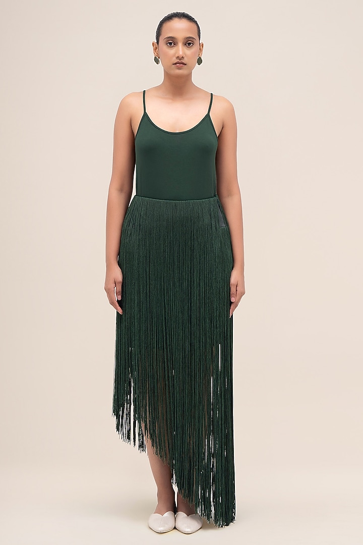 Bottle Green & Sage Silk Organza Printed Shirt With Belt by AMPM at Pernia's Pop Up Shop