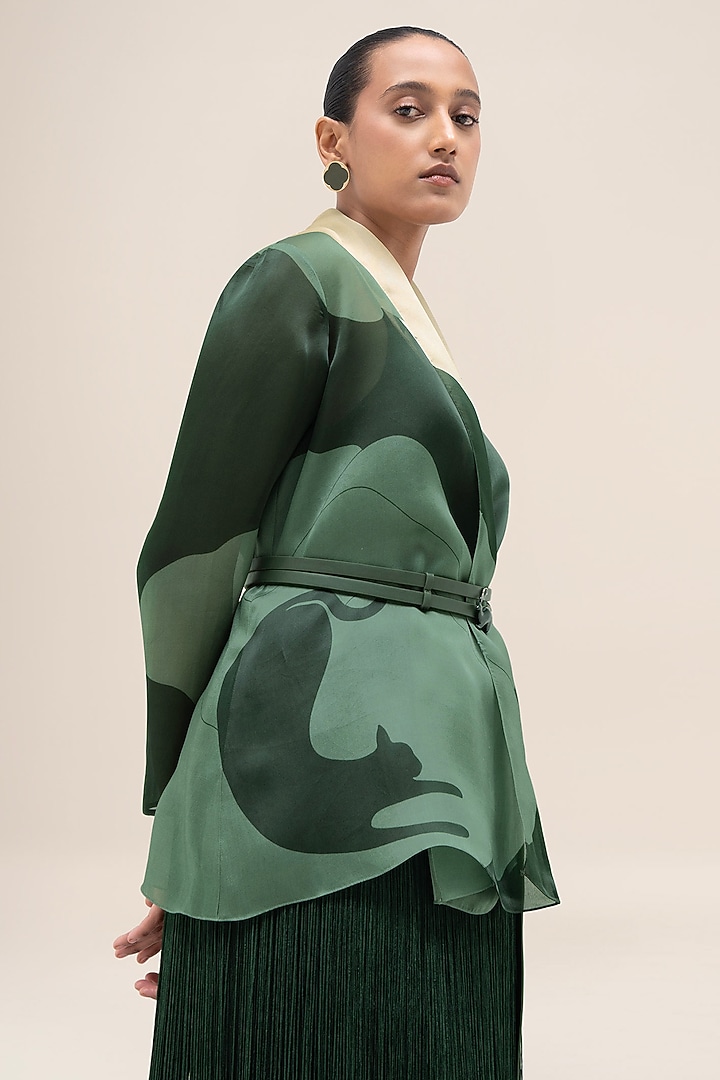 Bottle Green & Sage Silk Organza Printed Shirt With Belt by AMPM at Pernia's Pop Up Shop