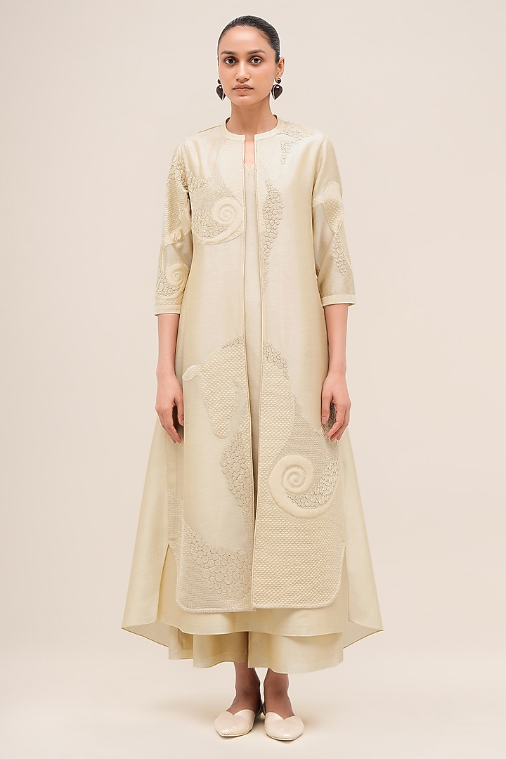 Bone Ivory Chanderi Embroidered Jacket Set by AMPM at Pernia's Pop Up Shop