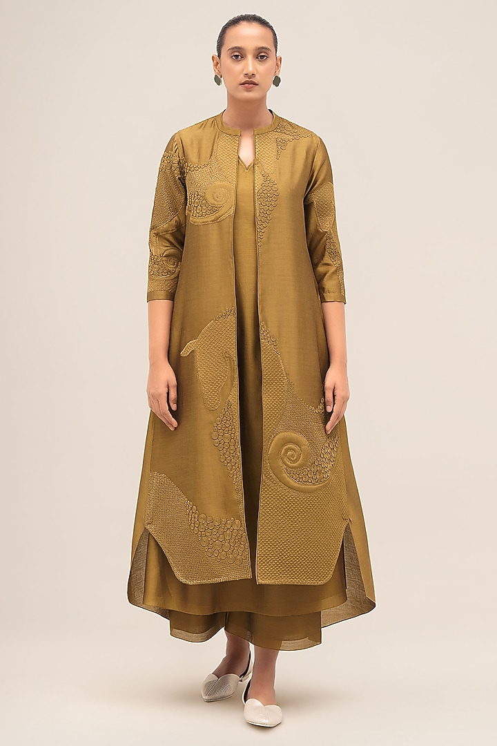 Olive Chanderi Hand Embroidered Jacket Set by AMPM at Pernia's Pop Up Shop