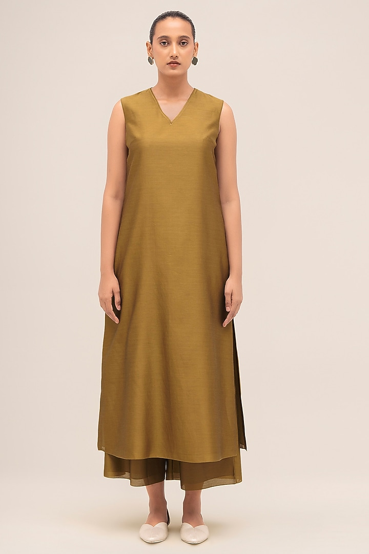 Olive Chanderi Hand Embroidered Jacket Set by AMPM at Pernia's Pop Up Shop